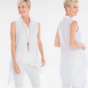 Chicos Non Iron Linen Tunic Blouse Shirt 2 MEDIUM White Sleeveless‎ Layered